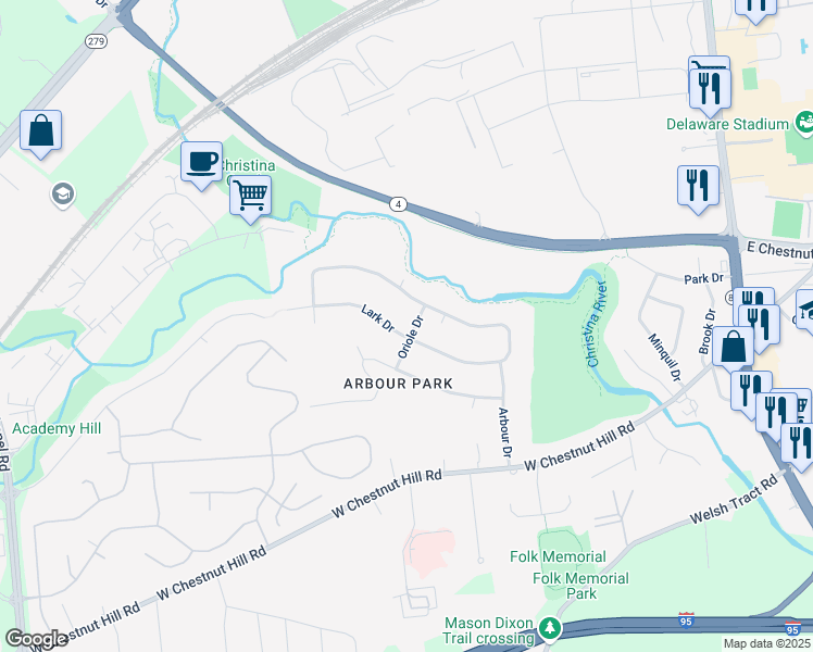 map of restaurants, bars, coffee shops, grocery stores, and more near 768 Oriole Drive in Newark