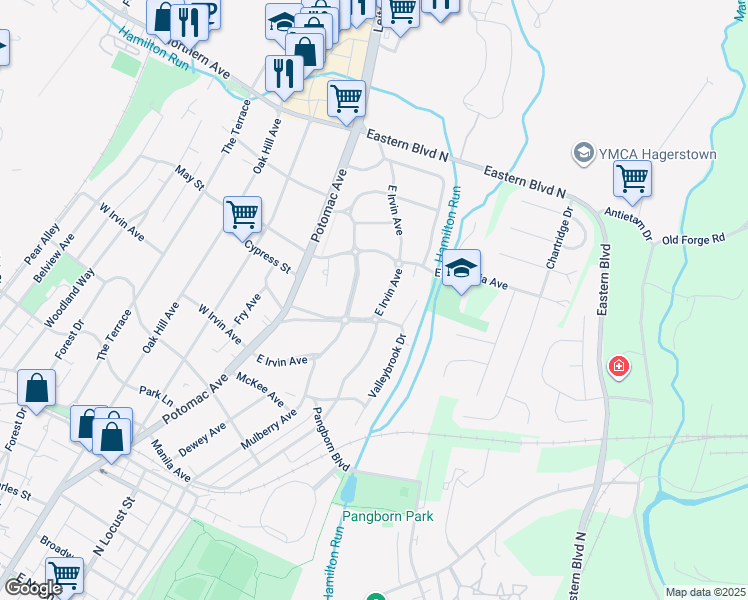 map of restaurants, bars, coffee shops, grocery stores, and more near 215 East Irvin Avenue in Hagerstown