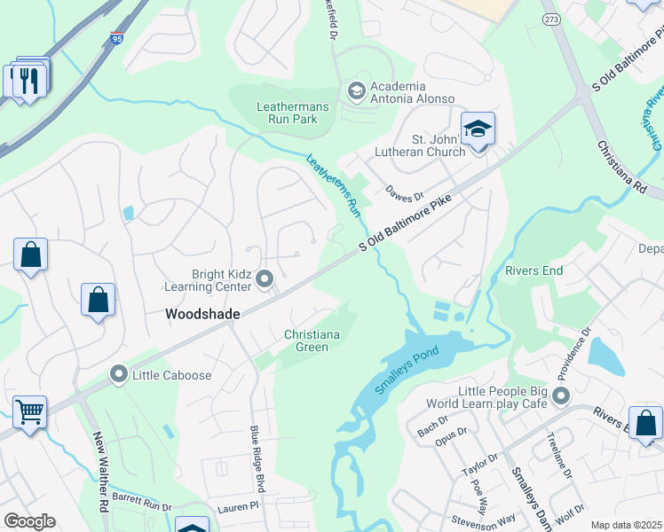 map of restaurants, bars, coffee shops, grocery stores, and more near South Old Baltimore Pike in Newark