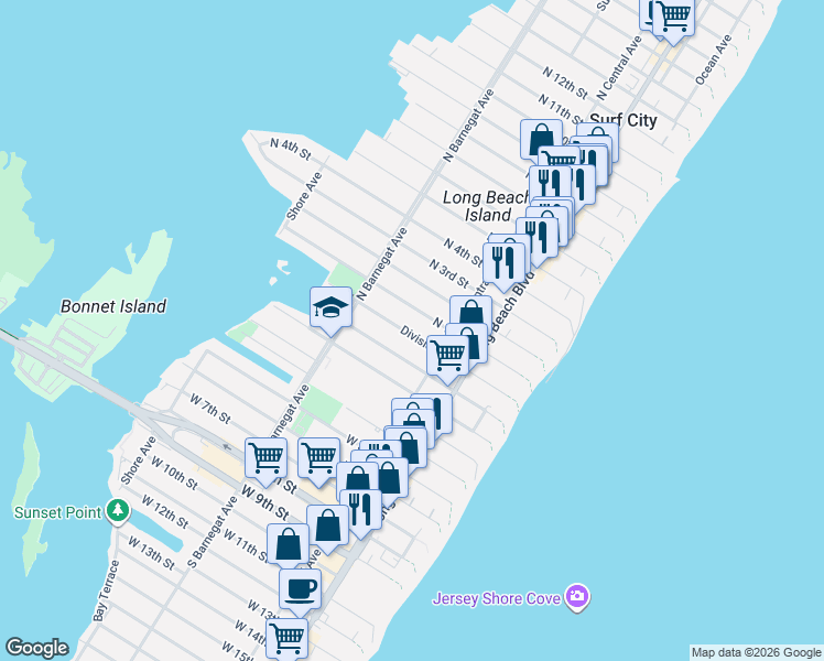 map of restaurants, bars, coffee shops, grocery stores, and more near 216 Division Avenue in Surf City