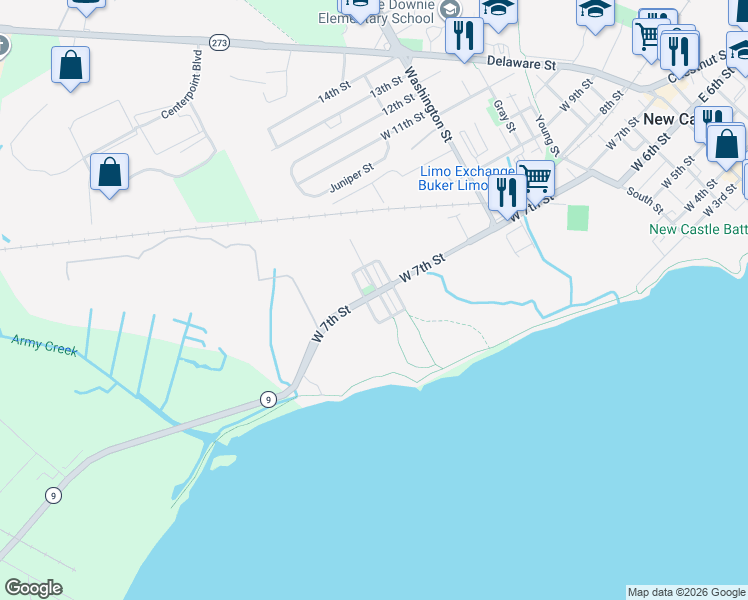 map of restaurants, bars, coffee shops, grocery stores, and more near 619 Clymer Street in New Castle