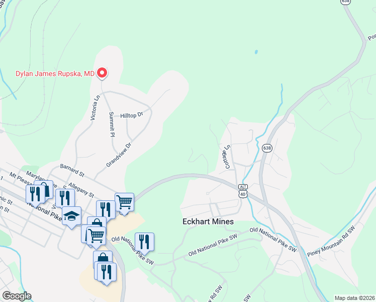 map of restaurants, bars, coffee shops, grocery stores, and more near 17203 Danmil Drive Northwest in Frostburg