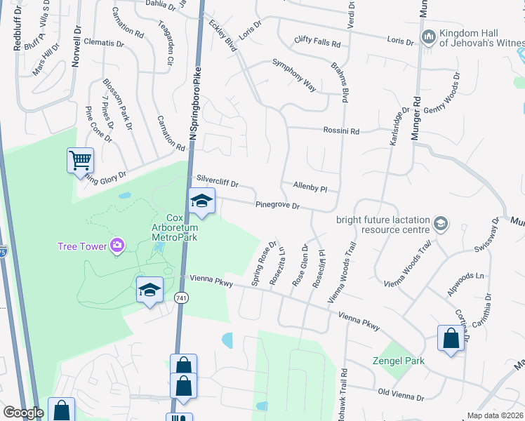 map of restaurants, bars, coffee shops, grocery stores, and more near 2730 Pinegrove Dr in Dayton