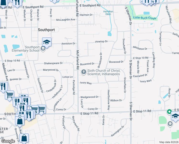 map of restaurants, bars, coffee shops, grocery stores, and more near 3319 Eastwind Court in Indianapolis