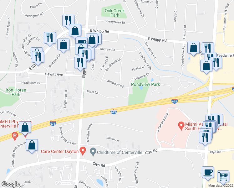map of restaurants, bars, coffee shops, grocery stores, and more near 1805 Piper Lane in Dayton