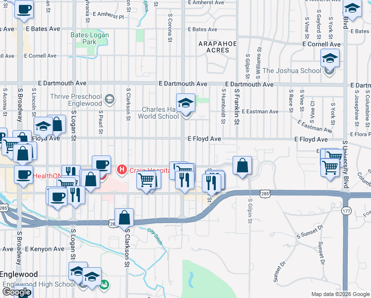 map of restaurants, bars, coffee shops, grocery stores, and more near 3340 South Downing Street in Englewood