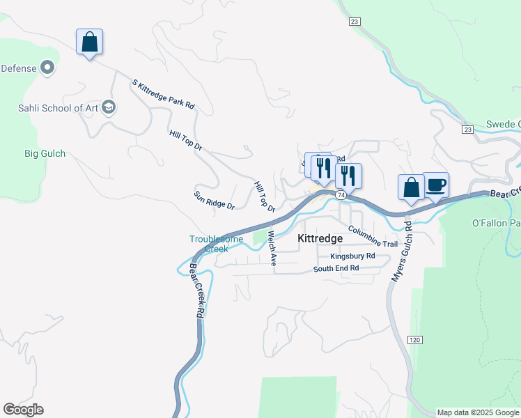 map of restaurants, bars, coffee shops, grocery stores, and more near 26390 Colorado 74 in Evergreen