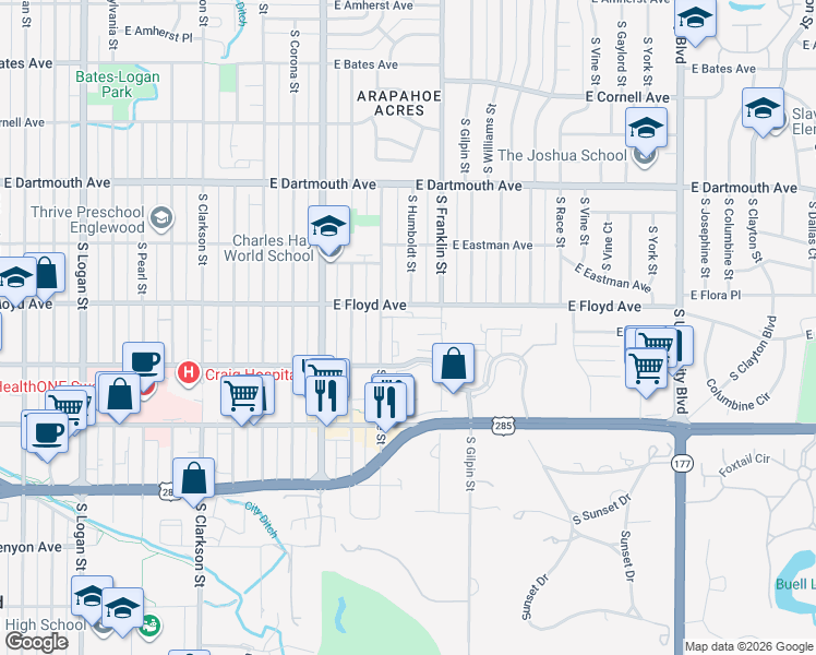 map of restaurants, bars, coffee shops, grocery stores, and more near 1401 East Girard Place in Englewood