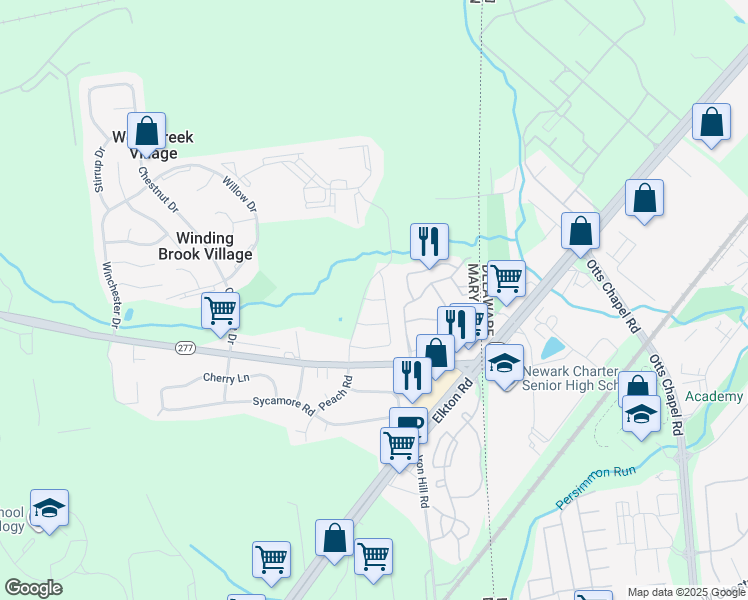 map of restaurants, bars, coffee shops, grocery stores, and more near 18 Marsh Lane in Elkton