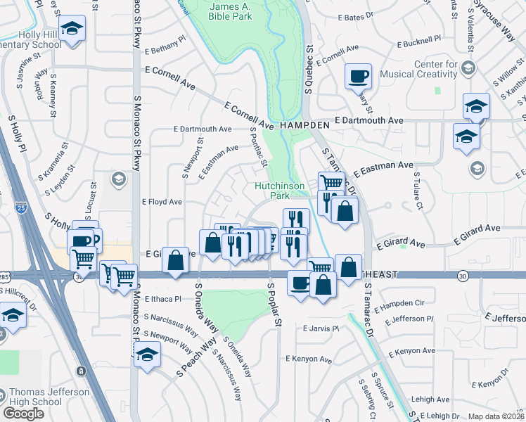 map of restaurants, bars, coffee shops, grocery stores, and more near 7100 East Hamilton Place in Denver
