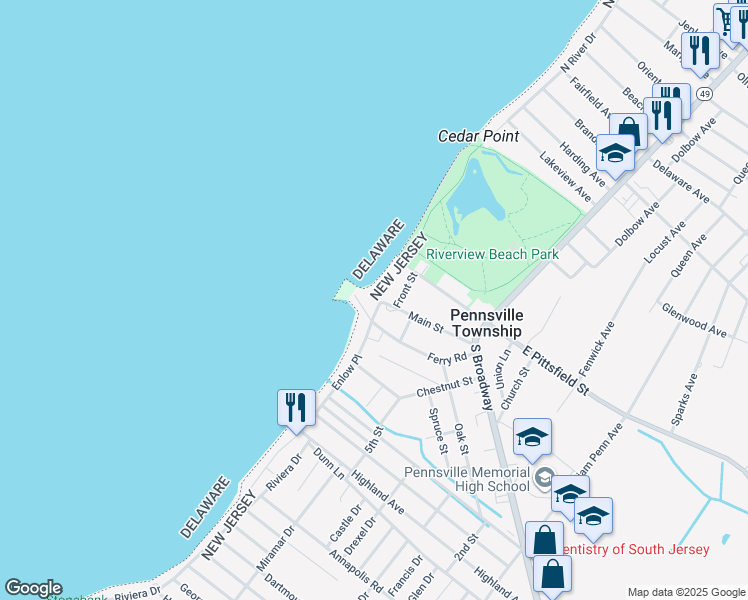 map of restaurants, bars, coffee shops, grocery stores, and more near 22 Ferry Road in Pennsville
