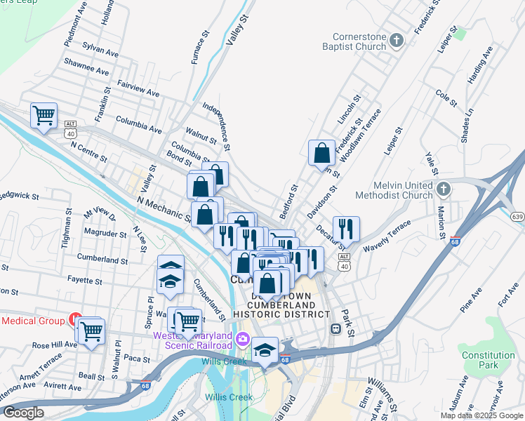 map of restaurants, bars, coffee shops, grocery stores, and more near 206 Bedford Street in Cumberland
