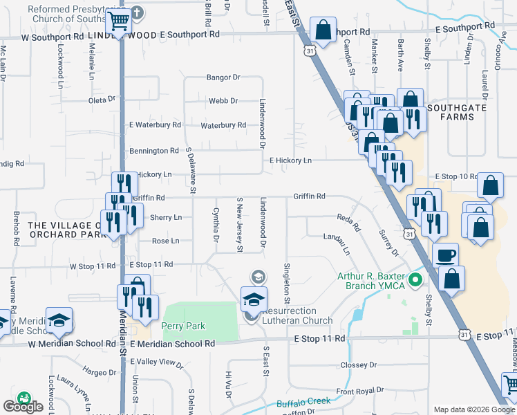 map of restaurants, bars, coffee shops, grocery stores, and more near 7605 Lindenwood Drive in Indianapolis