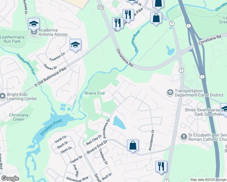 map of restaurants, bars, coffee shops, grocery stores, and more near 713 Millcreek Lane in Bear