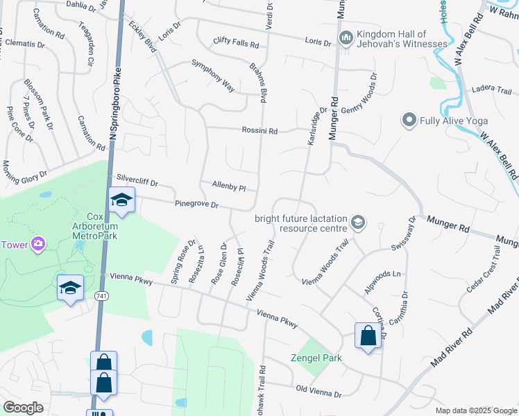 map of restaurants, bars, coffee shops, grocery stores, and more near 2506 Pinegrove Drive in Dayton