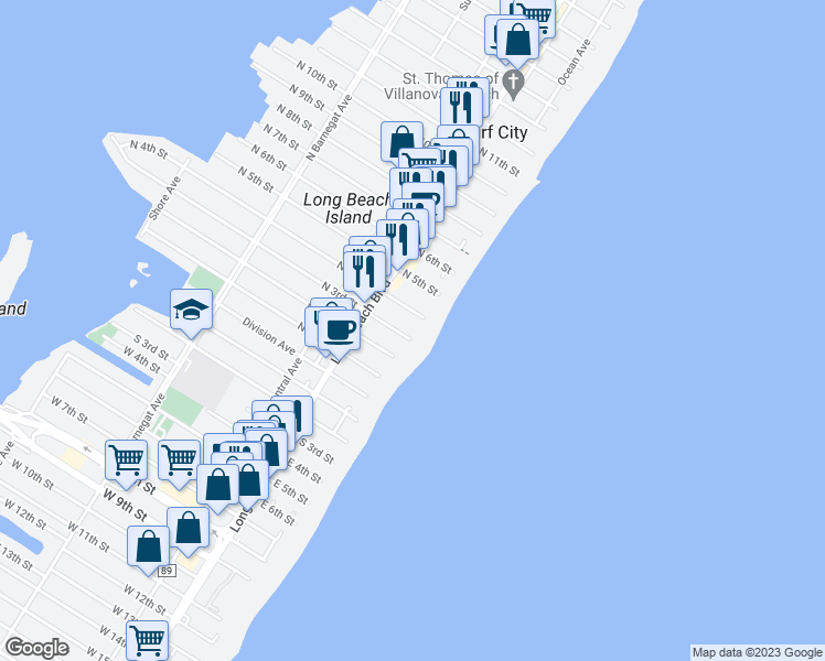 map of restaurants, bars, coffee shops, grocery stores, and more near 15 North 2nd Street in Surf City