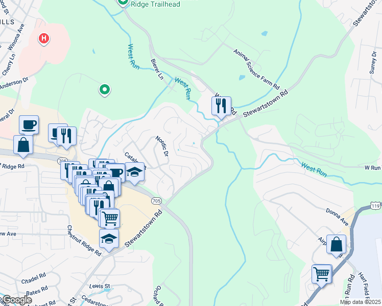 map of restaurants, bars, coffee shops, grocery stores, and more near 1325 Stewartstown Road in Morgantown