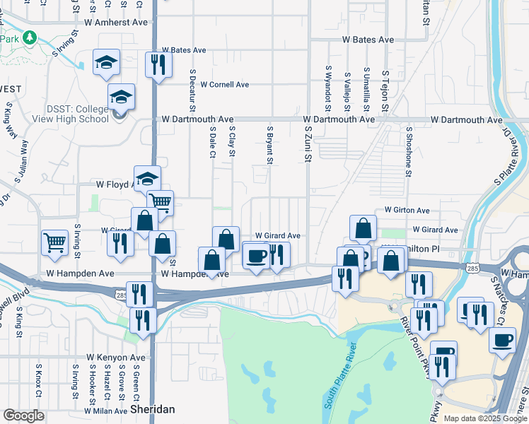 map of restaurants, bars, coffee shops, grocery stores, and more near 3380 South Bryant Street in Englewood