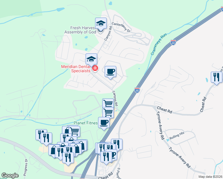 map of restaurants, bars, coffee shops, grocery stores, and more near 6 Canyon Rd in Morgantown