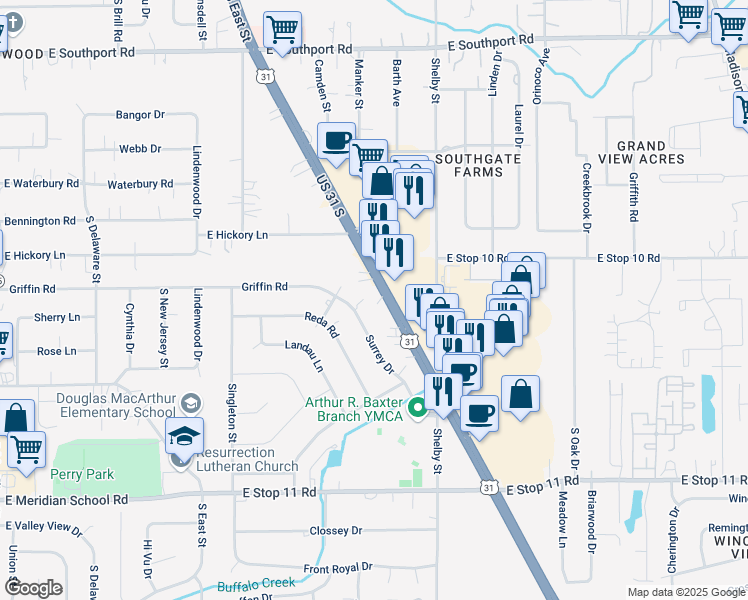 map of restaurants, bars, coffee shops, grocery stores, and more near 7660 U.S. 31 in Indianapolis