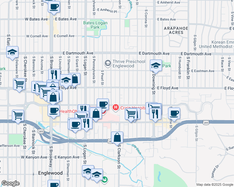 map of restaurants, bars, coffee shops, grocery stores, and more near 3325 South Clarkson Street in Englewood