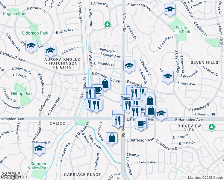 map of restaurants, bars, coffee shops, grocery stores, and more near 18385 East Girard Avenue in Aurora