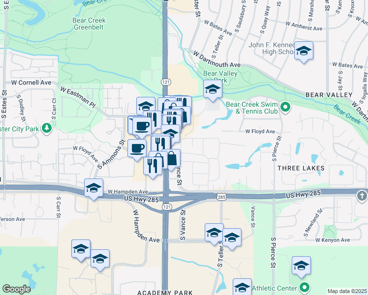 map of restaurants, bars, coffee shops, grocery stores, and more near 7309 West Hampden Avenue in Lakewood