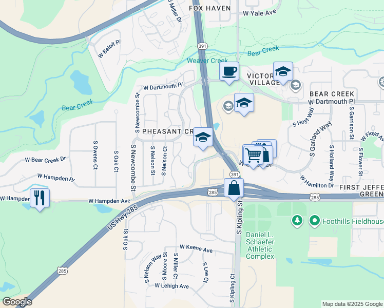 map of restaurants, bars, coffee shops, grocery stores, and more near 10321 West Girton Drive in Lakewood