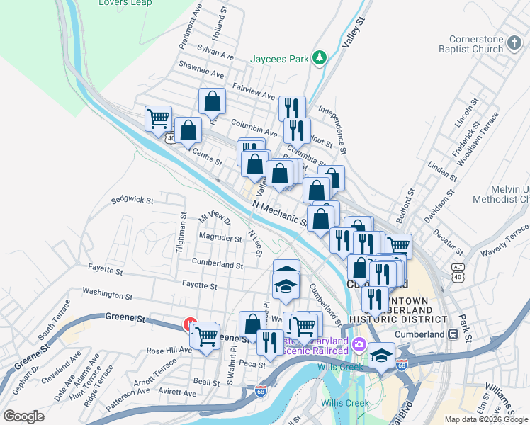 map of restaurants, bars, coffee shops, grocery stores, and more near 305 North Lee Street in Cumberland