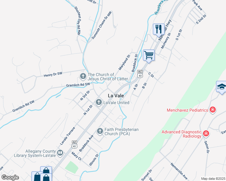 map of restaurants, bars, coffee shops, grocery stores, and more near 545 National Highway in La Vale
