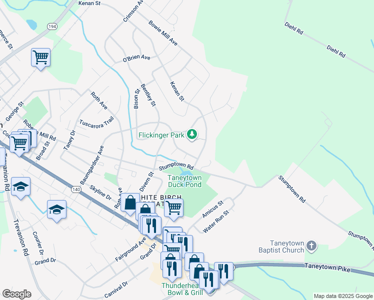 map of restaurants, bars, coffee shops, grocery stores, and more near 112 Morning Frost Street in Taneytown
