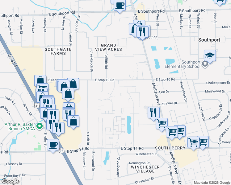 map of restaurants, bars, coffee shops, grocery stores, and more near 7621 Briarstone Lane in Indianapolis