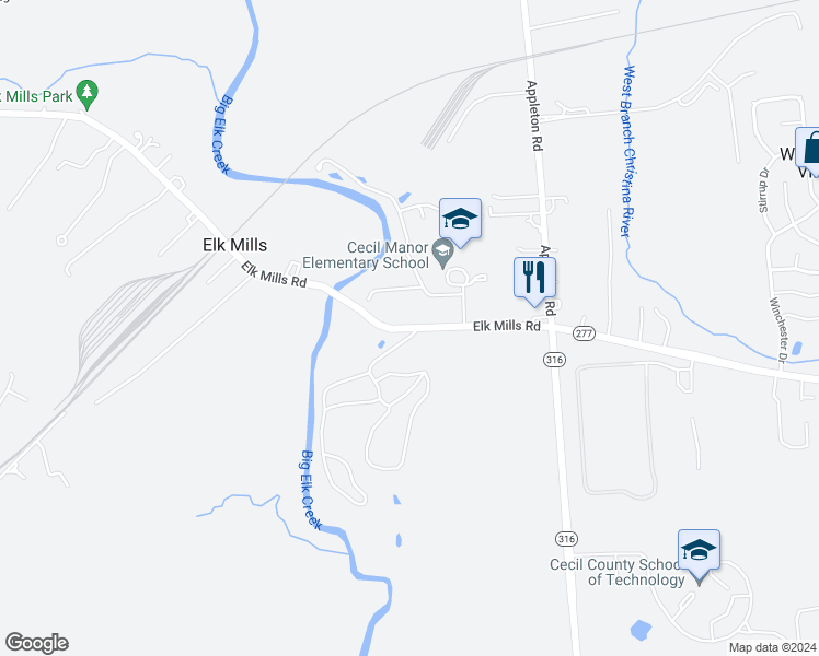 map of restaurants, bars, coffee shops, grocery stores, and more near 909 Elk Mills Road in Elk Mills