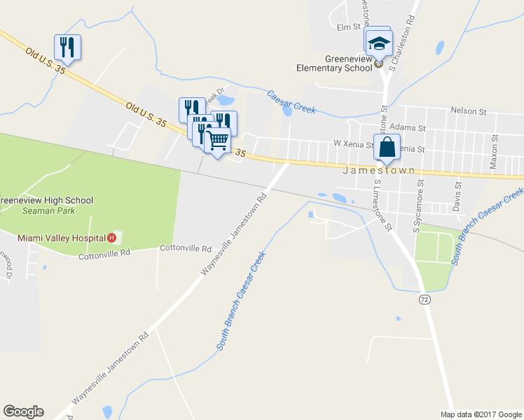 map of restaurants, bars, coffee shops, grocery stores, and more near 5129 Waynesville Jamestown Road in Jamestown