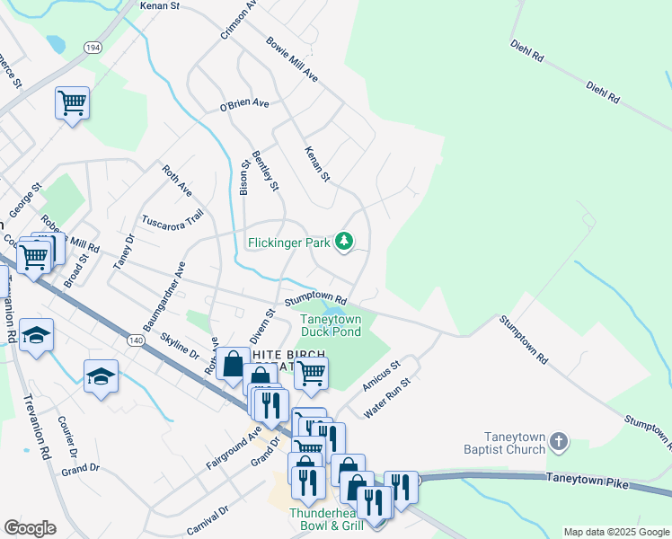 map of restaurants, bars, coffee shops, grocery stores, and more near 112 Morning Frost Street in Taneytown