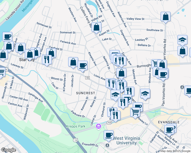 map of restaurants, bars, coffee shops, grocery stores, and more near 396 Kenmore Street in Morgantown
