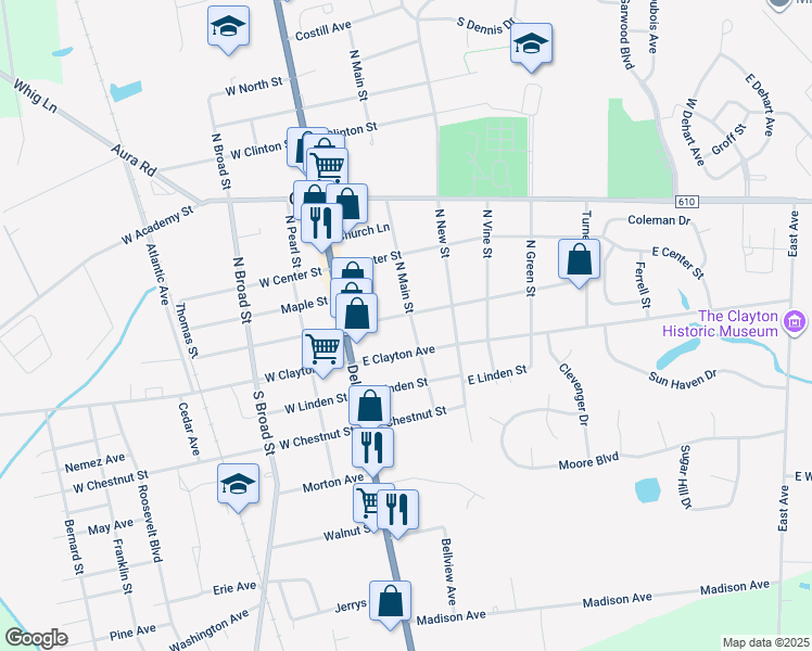 map of restaurants, bars, coffee shops, grocery stores, and more near 112 North Main Street in Clayton