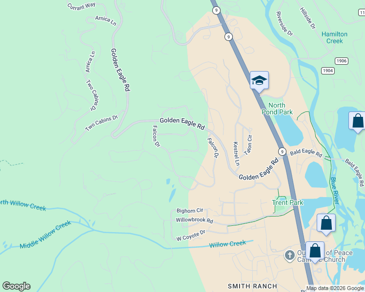map of restaurants, bars, coffee shops, grocery stores, and more near 1708 Red Hawk Road in Silverthorne
