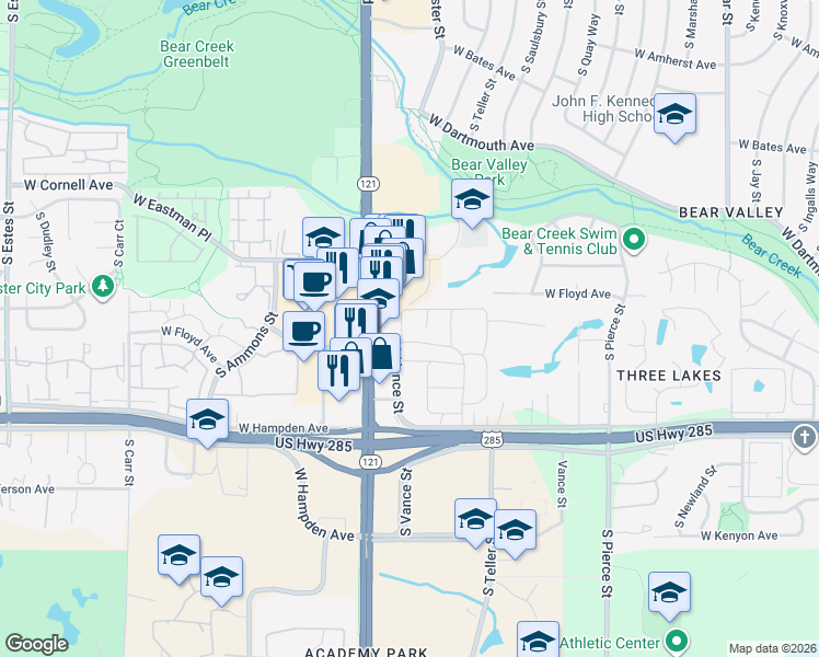 map of restaurants, bars, coffee shops, grocery stores, and more near 7309 West Hampden Avenue in Lakewood