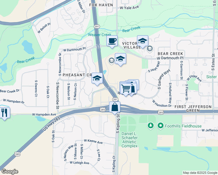 map of restaurants, bars, coffee shops, grocery stores, and more near S Kipling Pkwy & W Hampden Ave in Lakewood