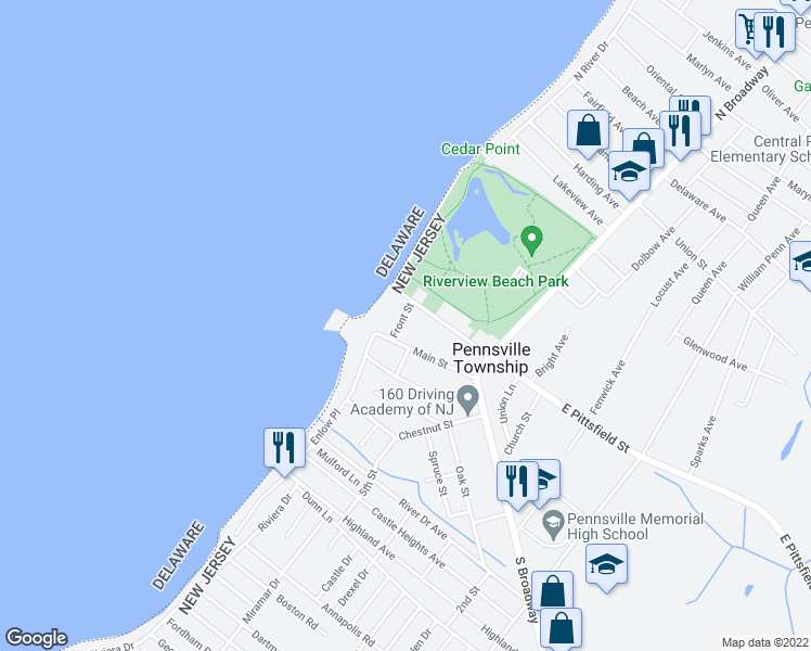map of restaurants, bars, coffee shops, grocery stores, and more near 46 West Pittsfield Street in Pennsville Township