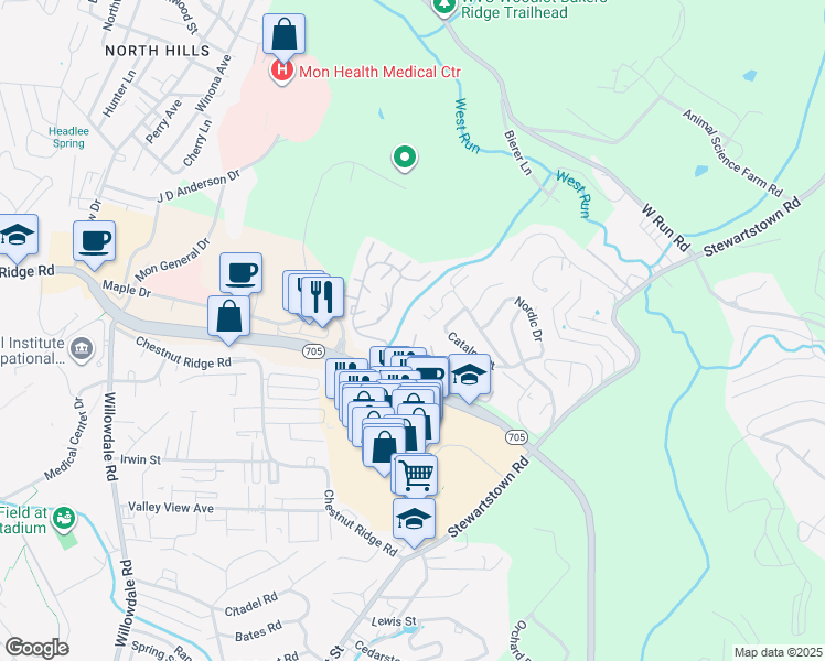 map of restaurants, bars, coffee shops, grocery stores, and more near 4 Brookside Place in Morgantown