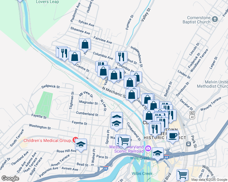 map of restaurants, bars, coffee shops, grocery stores, and more near 441 North Centre Street in Cumberland