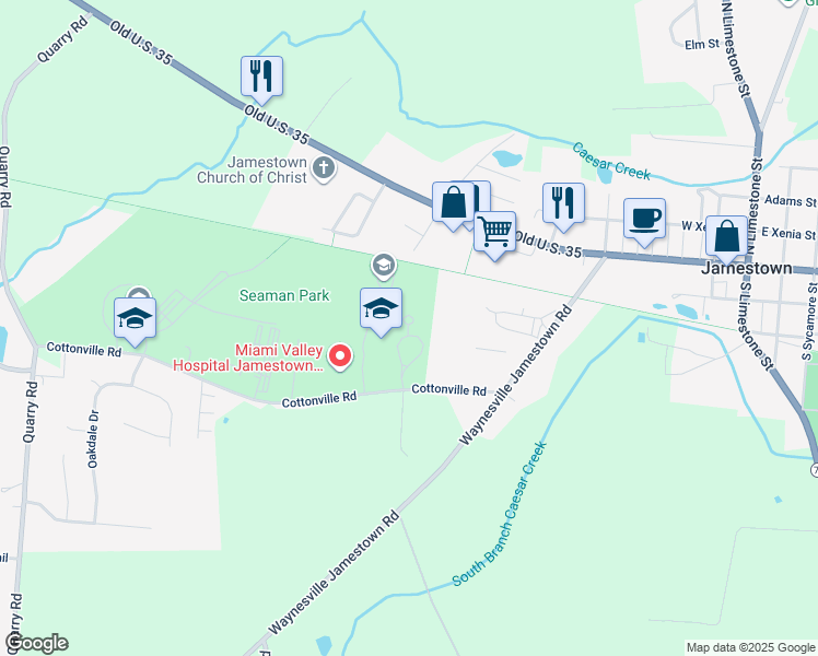 map of restaurants, bars, coffee shops, grocery stores, and more near 4990 Cottonville Road in Jamestown