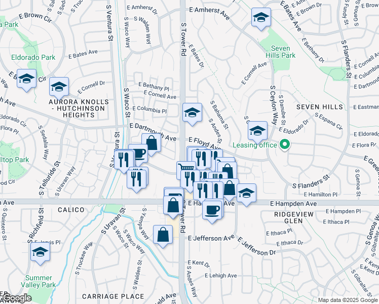 map of restaurants, bars, coffee shops, grocery stores, and more near 18565 East Greenwood Place in Aurora