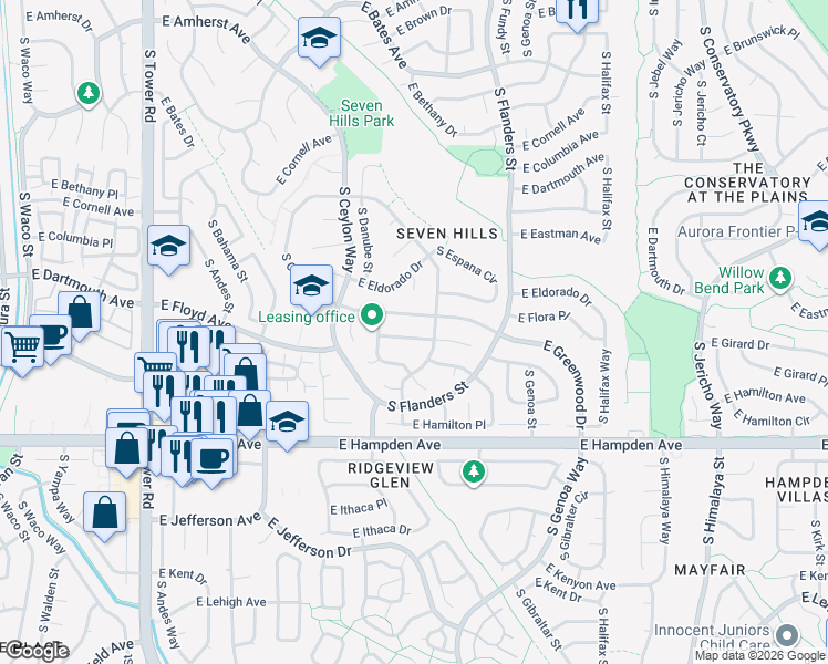 map of restaurants, bars, coffee shops, grocery stores, and more near 3297 South Ensenada Way in Aurora