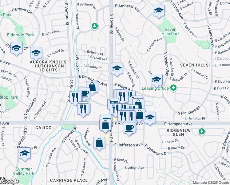 map of restaurants, bars, coffee shops, grocery stores, and more near 18565 East Greenwood Place in Aurora