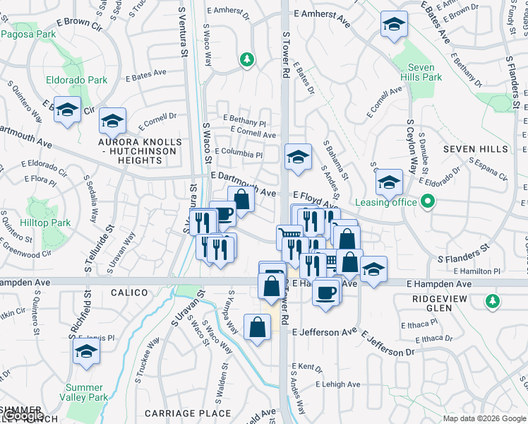 map of restaurants, bars, coffee shops, grocery stores, and more near 3238 South Yampa Way in Aurora