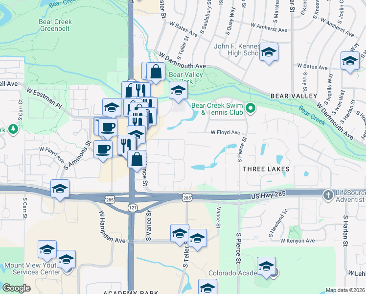 map of restaurants, bars, coffee shops, grocery stores, and more near 7190 West Floyd Avenue in Lakewood