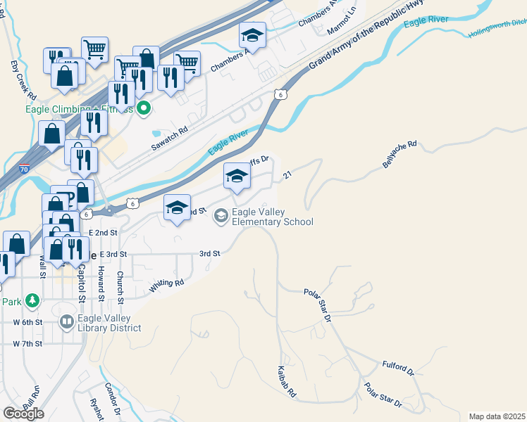 map of restaurants, bars, coffee shops, grocery stores, and more near 446 Bluffs Drive in Eagle